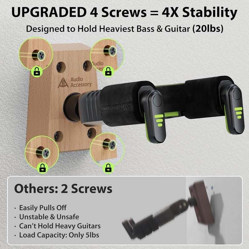 AA AUDIO ACCESSORY Guitar Wall Mount Autolock - Nitro-Safe Velvet Hook, Never Fall Off Design 4-Screw Beech Wood Locking Guitar Wall Hangers for Bass, Acoustic, Classical, Folk Guitar and Mandolin - Image 3
